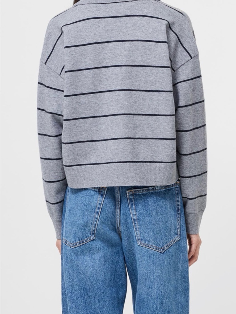 French Connection Gray Striped Collared V-Neck Sweater - Picture 3 of 5